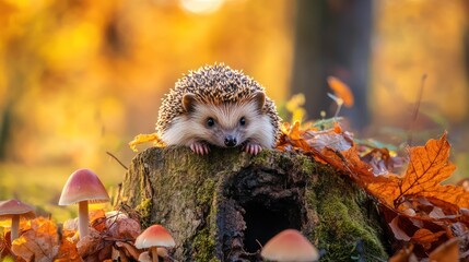 Obraz premium Adorable Hedgehog in Autumnal Forest