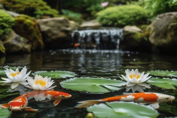 Tranquil Japanese garden with a koi pond, delicate water lilies floating on still waters.
