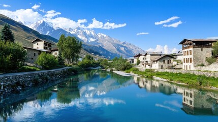Fototapeta premium Alpine Village by River