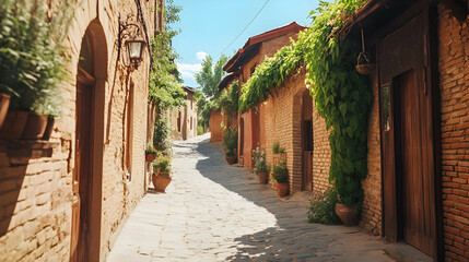 Obraz premium Sunny cobblestone street in old European town, flowers in pots, vine-covered walls, travel destination