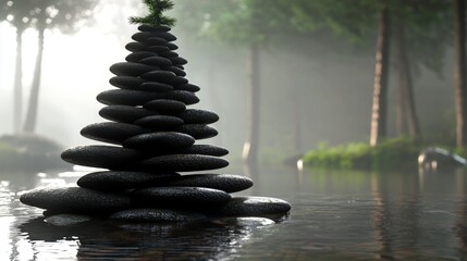 Obraz premium Tranquil Zen Garden with Stacked Stones and Reflection in Serene Water Surrounded by Lush Trees and Misty Background for Relaxation and Meditation Themes