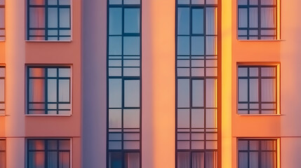 Obraz premium Sunset illuminating modern apartment building facade. Urban architecture, evening light, windows reflecting sky. Ideal for real estate or architecture websites
