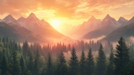 Obraz premium Majestic Sunset over Misty Mountain Peaks and Evergreen Forest