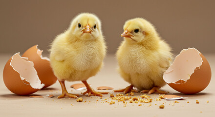 Newly hatched chicks with soft yellow feathers stand amidst broken eggshells and scattered crumbs