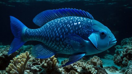 Nighttime Glow: Blue Parrotfish Surrounded by Bioluminescent Creatures in Dark Waters