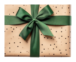 Gift box with green ribbon and polka dot wrapping