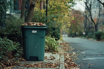 Obraz premium Green trash can overflowing with autumn leaves on a residential street.