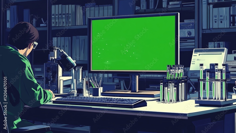 Poster Scientist working late at night in a lab with a green screen computer.