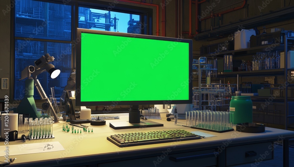 Poster green screen computer on lab desk at night.