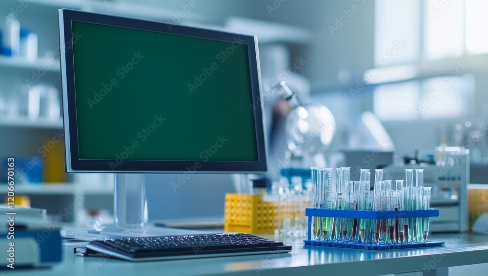 Poster Modern laboratory computer with test tubes.