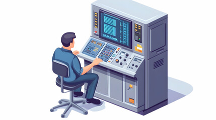 Technician operating industrial control panel;  modern facility background;  process monitoring illustration; website or manual use