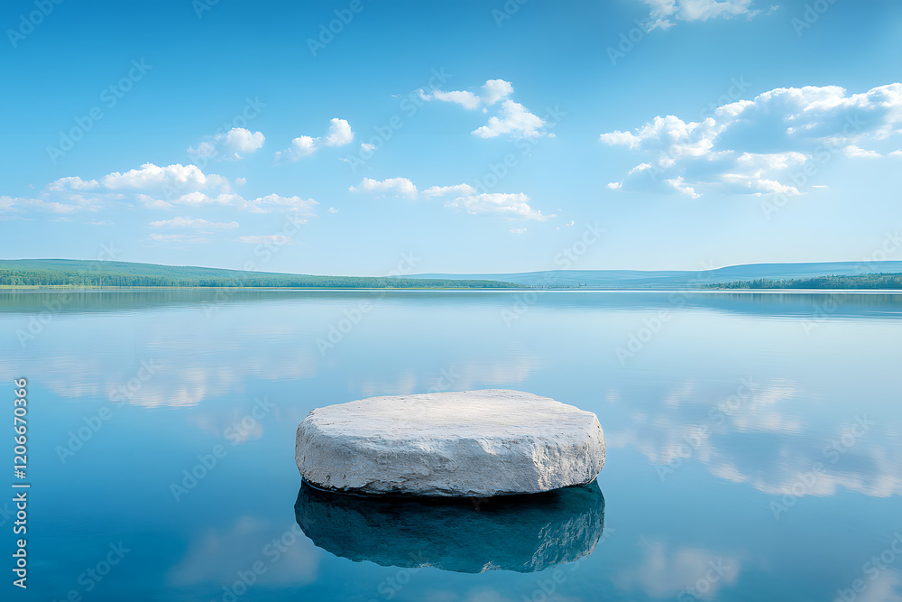 Wall mural photograph of a large lake, blue mirror-clear water, blue sky with light clouds, a flat stone plinth in the center, high quality, professional photo, high detail