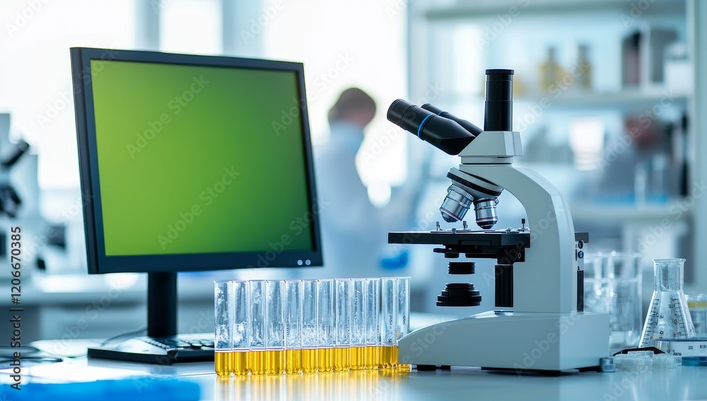 Poster lab microscope, computer monitor, test tubes, scientist.