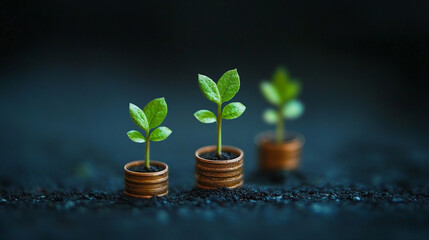 Small plants growing in coins symbolizing financial growth and sustainability