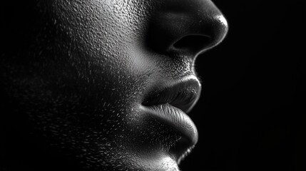 Close-up black and white of a man's lips and stubbled face