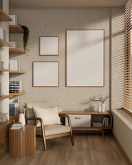 The interior design of a warm, contemporary living room features a wooden armchair and decor.