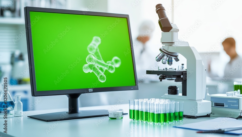 Poster Molecular model displayed on a computer screen in a lab setting with microscope and test tubes.
