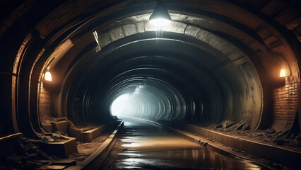 Dark subway tunnel illuminated with vibrant lights.