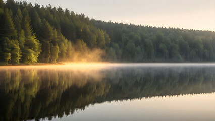 Fototapeta premium Tranquil forest riverbank at sunrise.