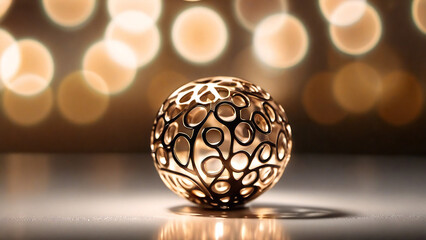 Symmetrical ornamental sphere with intricate wire design.