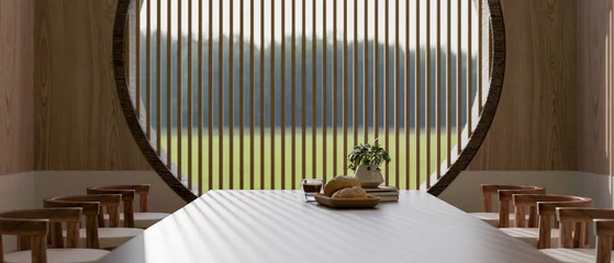 Fototapete Japandi A close-up of a dining table with wooden armchairs in a cosy, minimalist Japandi dining room.  © bongkarn