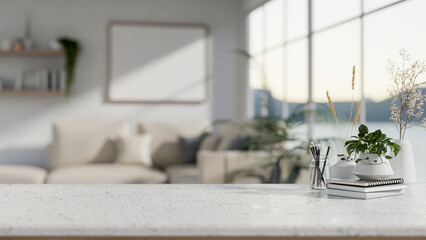 A white tabletop with a blurred background of a minimalist white living room.