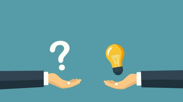 Animated Businessman Hand Holding Question mark And Light Bulb Lamp For Business Solution.Question and answer, solving problem or business solution, ask for reply or idea to solve trouble