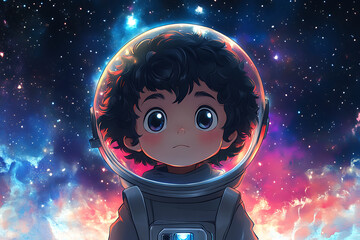 Young astronaut gazes at a vibrant cosmic scene filled with stars and nebulae, evoking wonder