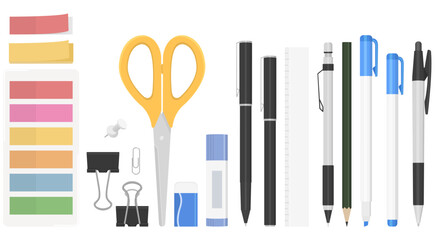 文房具のセット、はさみ、ペン、鉛筆、のり、消しゴム、クリップ、付箋、定規