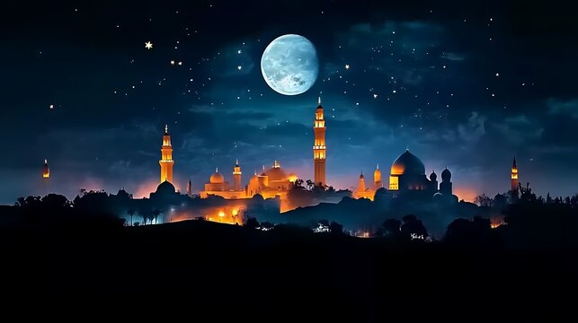Illuminated Mosque Cityscape Under Night Sky