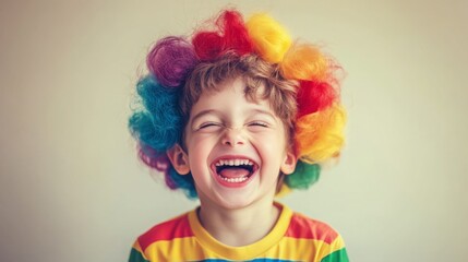 Fototapeta premium A young boy with a colorful wig laughs heartily, showcasing a vibrant display of playful joy and innocence