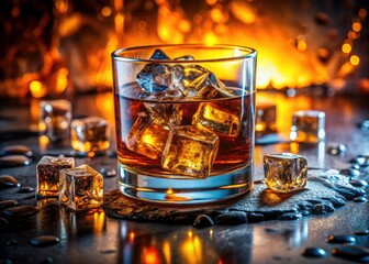 Crystal-clear ice cubes melt into amber whiskey; macro photography captures stunning water droplets and texture.