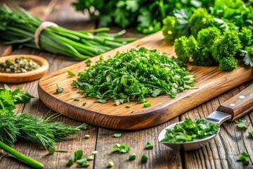 Culinary still life: Fresh herbs' vibrant colors pop against a weathered cutting board.
