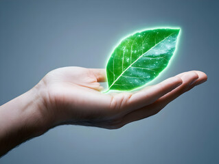 Hand holding glowing green leaf.