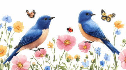 Two bluebirds perched on wildflowers, butterflies and ladybug nearby, springtime garden scene, ideal for greeting cards or home decor