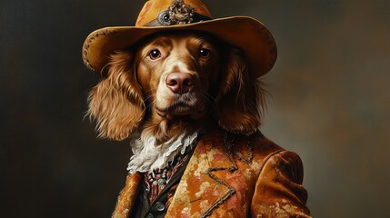 Golden brown dog in vintage orange coat and embellished cowboy hat
