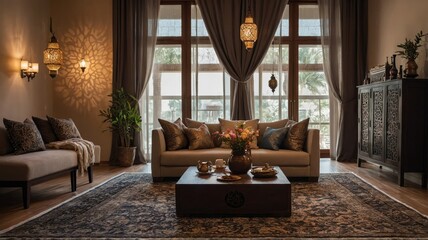 Fototapeta premium arabic setting for a majlis with traditional Living room ramadan decoration