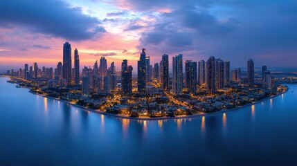 Obraz premium A panoramic view of a vibrant city skyline at dusk, showcasing illuminated skyscrapers and a serene waterfront