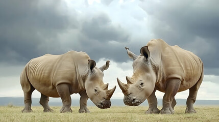 Obraz premium Two rhinos facing each other in African savanna under stormy sky; wildlife conservation