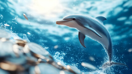 Naklejka premium Playful dolphin jumping in clear blue water.