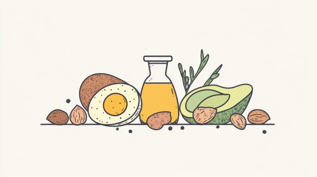 A minimalist depiction of a ketogenic breakfast, featuring high-fat, low-carb foods such as eggs