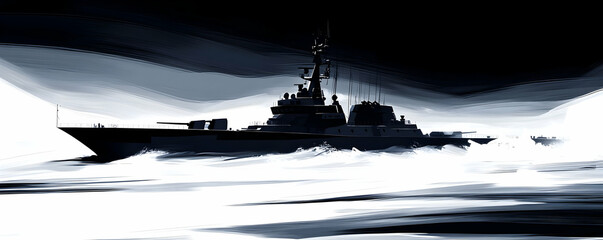 Obraz premium Warship sailing stormy sea, escorting
