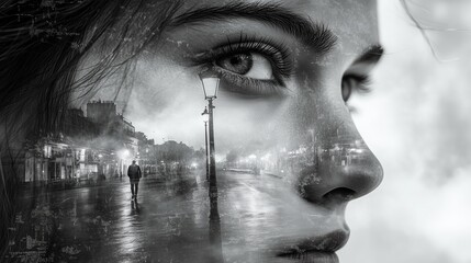 Obraz premium Double exposure of woman's face and city street at night