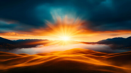 Fototapeta premium Stunning sunrise over rolling hills and clouds.