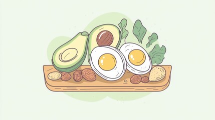 A minimalist depiction of a ketogenic breakfast, featuring high-fat, low-carb foods such as eggs