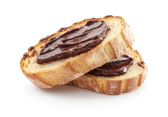 Two slices of toasted bread with chocolate spread.