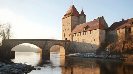 Obraz premium Winter castle on river, bridge, tranquil scene, tourism, historic landmark