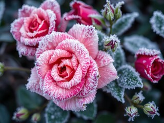 Close up of beautiful red rose flowers with green leaves covered in frost, frosty, icy