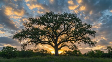 Obraz premium A majestic tree silhouetted against a vibrant sunset and colorful clouds.