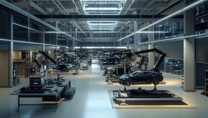 Naklejka premium Modern automotive factory interior with robotic arms assembling cars.